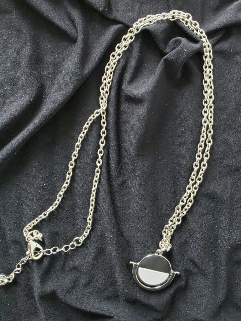 Silver-Tone Layered Chain Necklace with Black & Silver Pendant